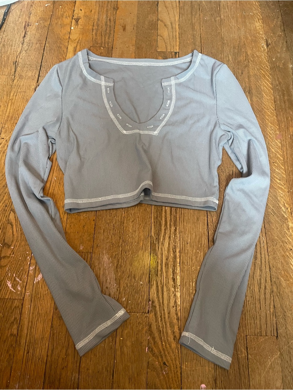 Women's Long Sleeve Ribbed Crop Top - Slate Blue